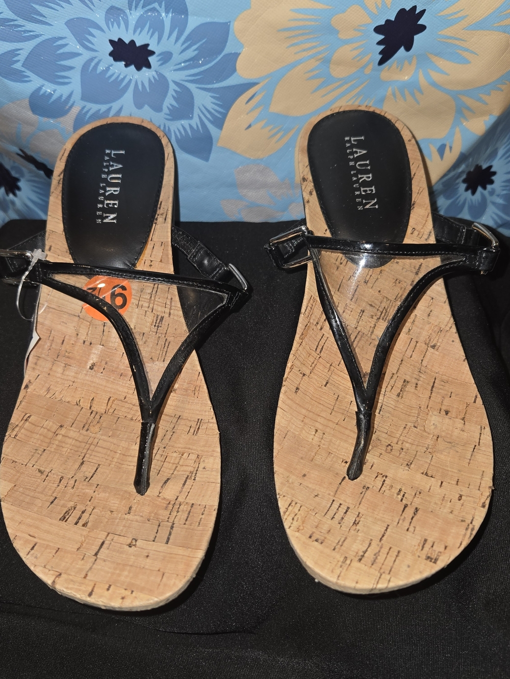 Ralph Lauren Black Patent Wedge Sandals with Cork Platform